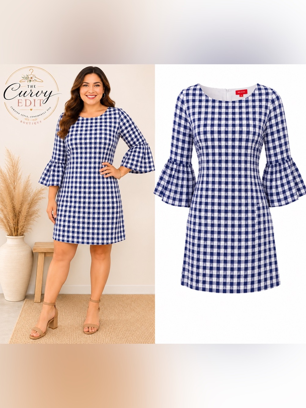 Melrose Navy Gingham Eyelet Shift Dress | Size 18 Cottagecore Coastal western